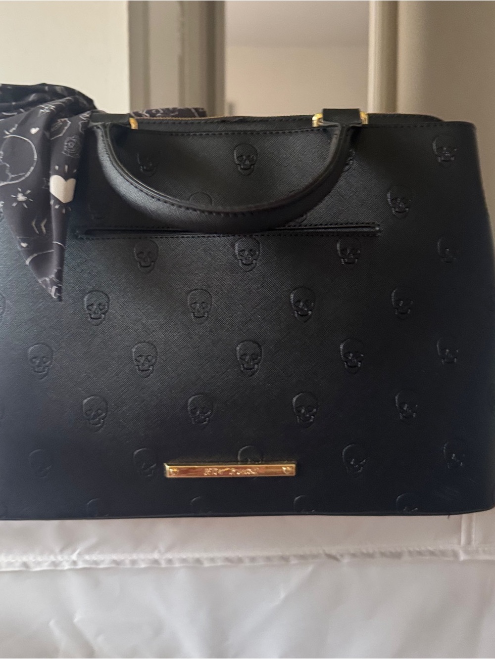Betsey Johnson Black Embossed Skull Satchel With Gold Hardware